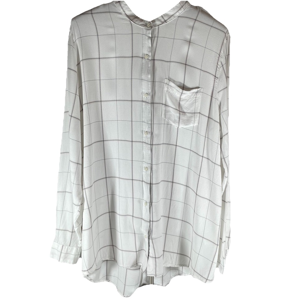Cato XL White & Gray Windowpane‎ Check Button-Down Blouse Plus Size Long Sleeve